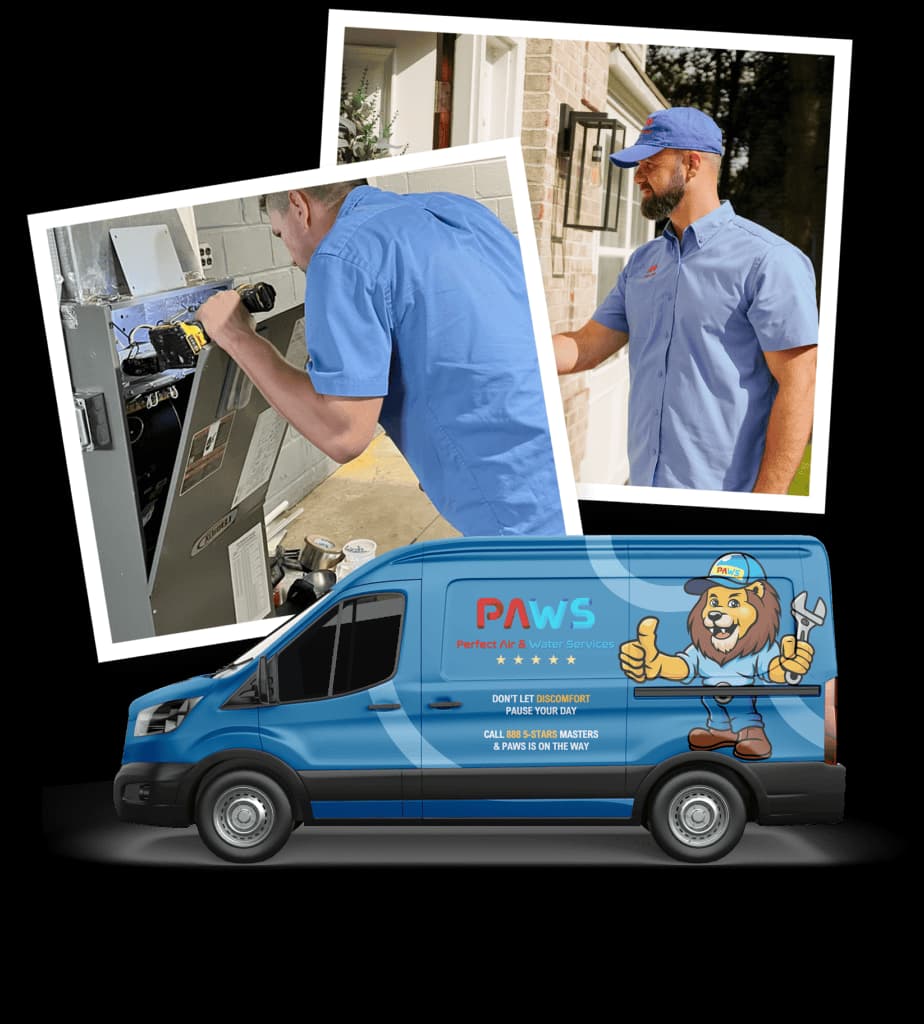 PAWS Perfect Air and Water Services branded service van with technicians performing HVAC work and greeting a homeowner