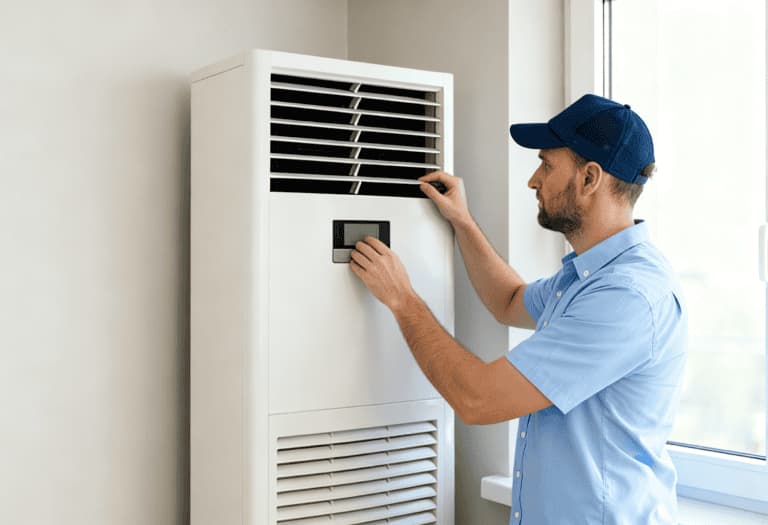 PAWS certified HVAC technician in blue uniform servicing a wall-mounted air conditioning unit