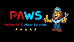 PAWS — Perfect Air and Water Services logo with lion mascot and 5-star rating